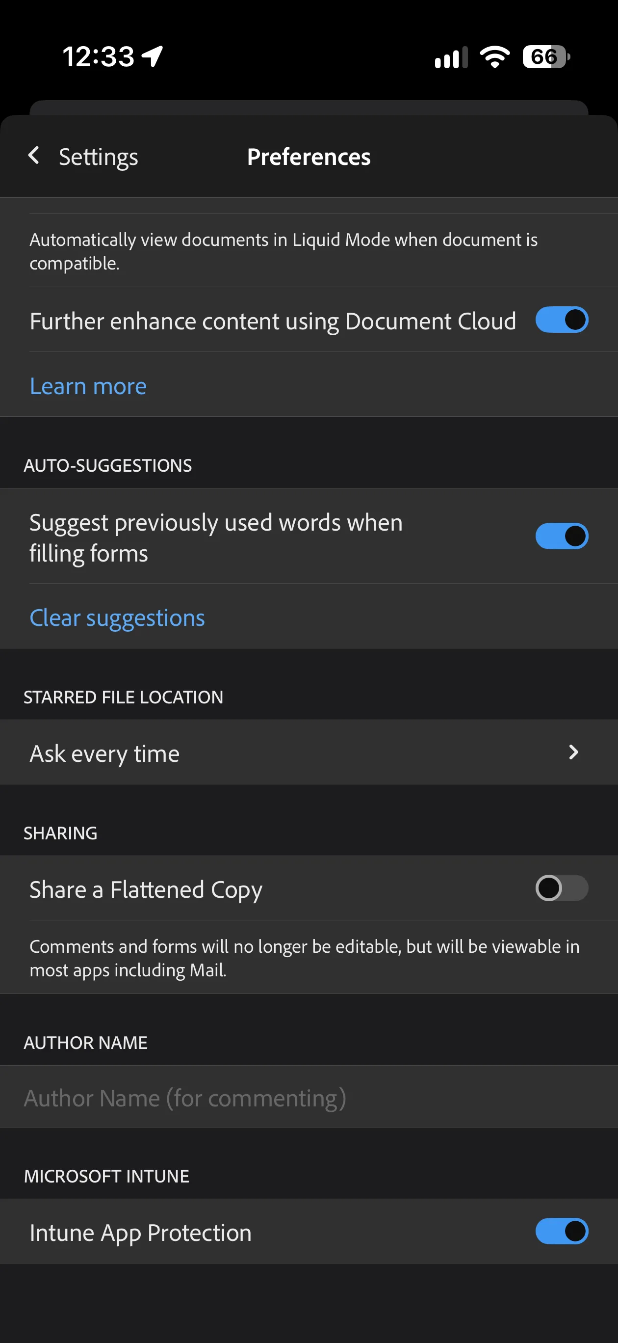 The Intune App Protection setting in Adobe Acrobat Reader's preferences