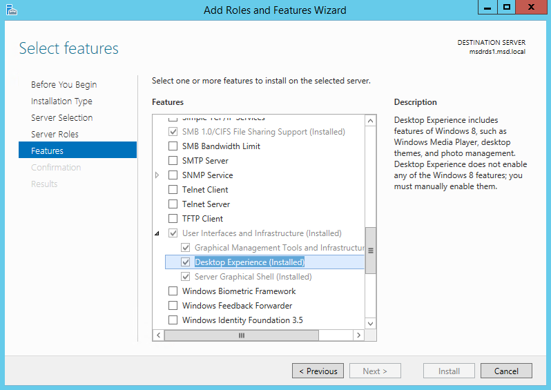 Installing the Desktop Experience feature on Windows Server 2012 R2
