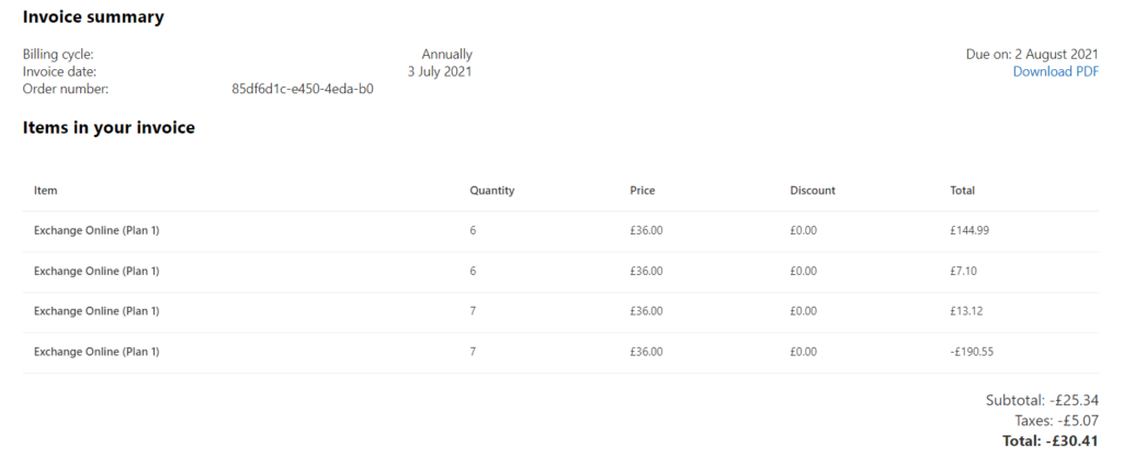 Microsoft invoice showing a £30.41 refund
